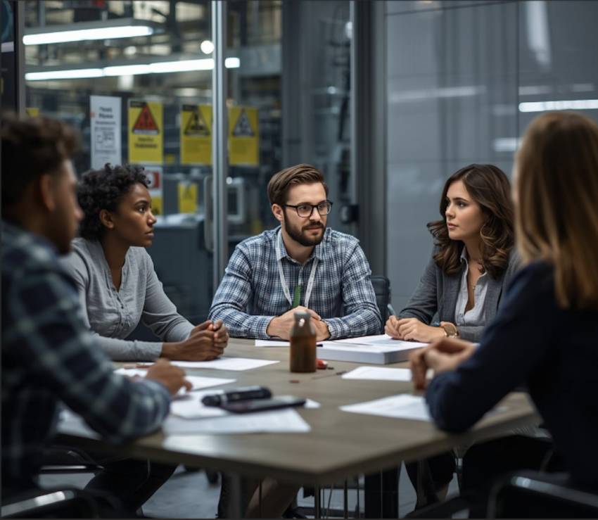 Safety committee meeting in an industrial setting reviewing performance metrics and discussing action plans around a conference table.